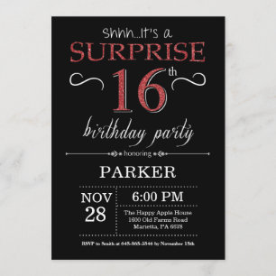 Invitation surprise 16e anniversaire Noir et Rouge