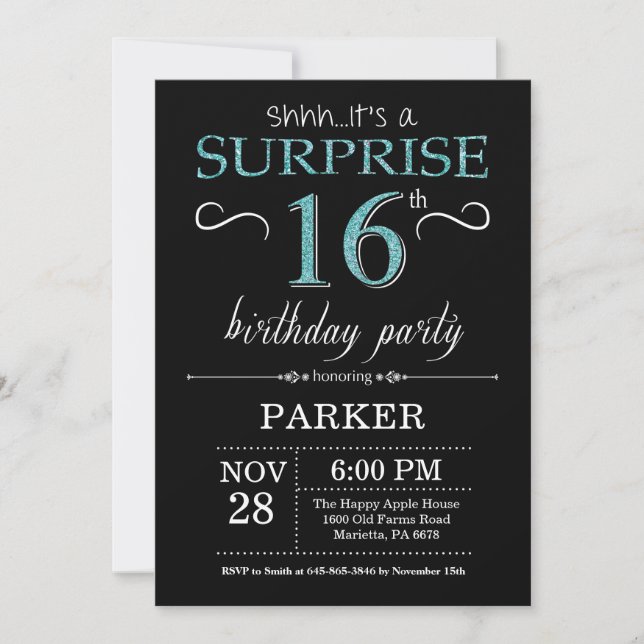 Invitation surprise 16e anniversaire Noir et Turqu (Devant)