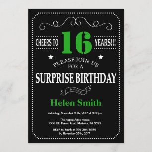 Invitation Surprise 16e anniversaire noir et vert Chalkboard