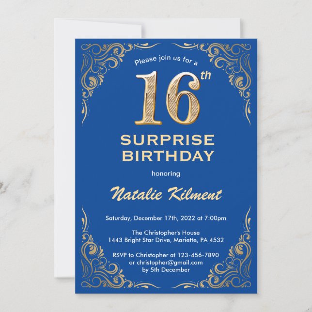 Invitation Surprise 16e anniversaire Parties scintillant bleu (Devant)