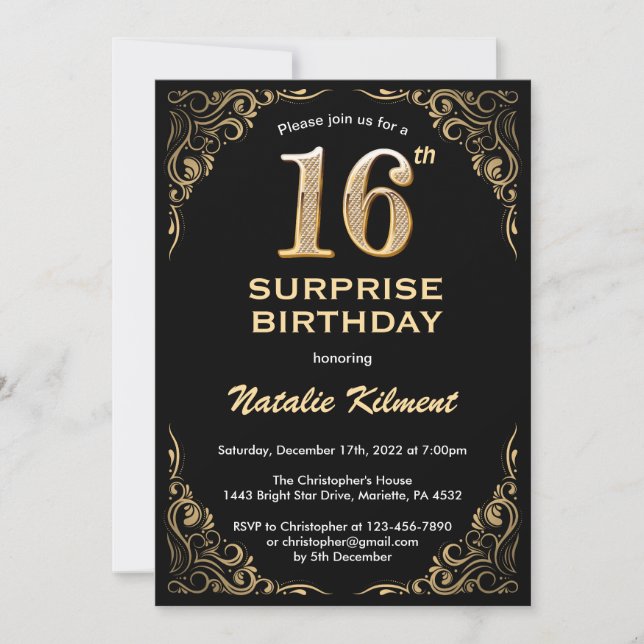 Invitation Surprise 16e anniversaire Parties scintillant noir (Devant)