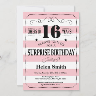 Invitation Surprise 16e anniversaire Pink and White Stripes