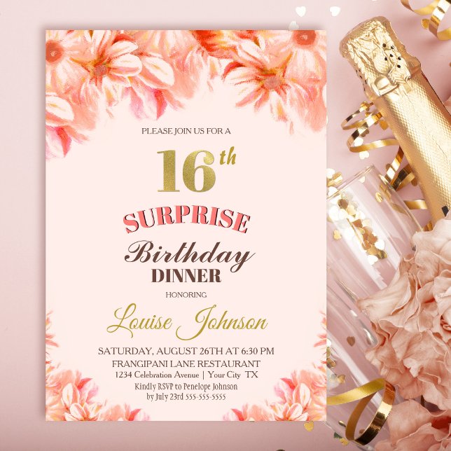 Invitation Surprise 16e anniversaire Pink Gold Floral Dîner (Créateur téléchargé)