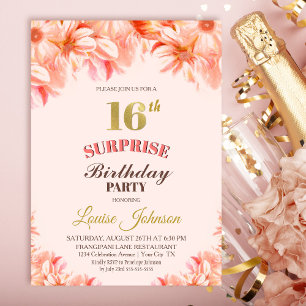 Invitation Surprise 16e anniversaire Pink Gold Floral Party