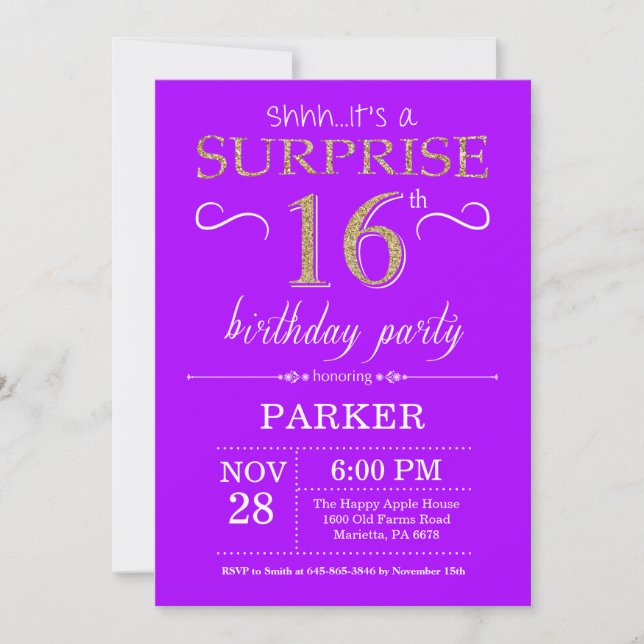 Invitation surprise 16e anniversaire Purple and Go (Devant)