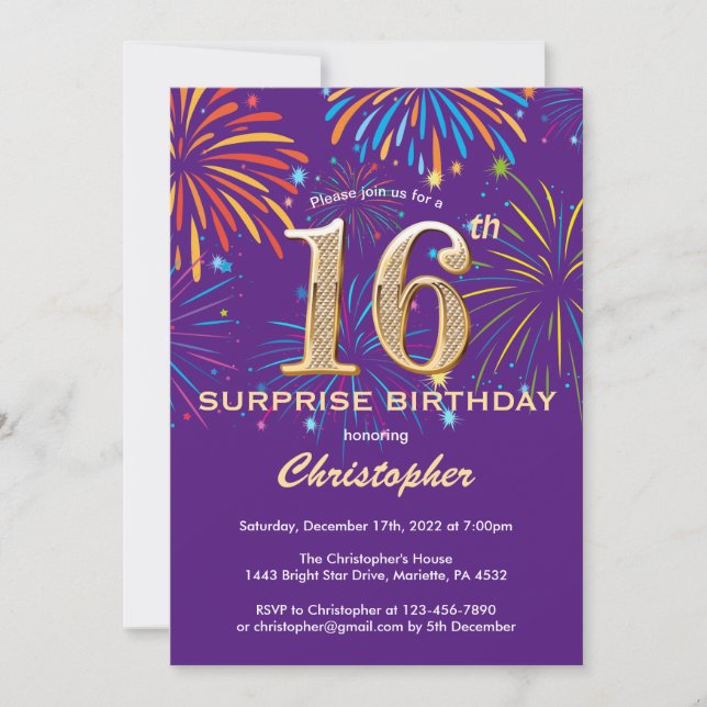 Invitation Surprise 16e anniversaire Purple and Gold Firework (Devant)