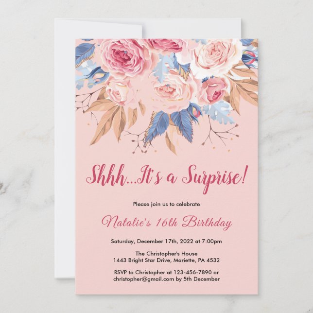 Invitation Surprise 16e anniversaire rose botanique floral (Devant)