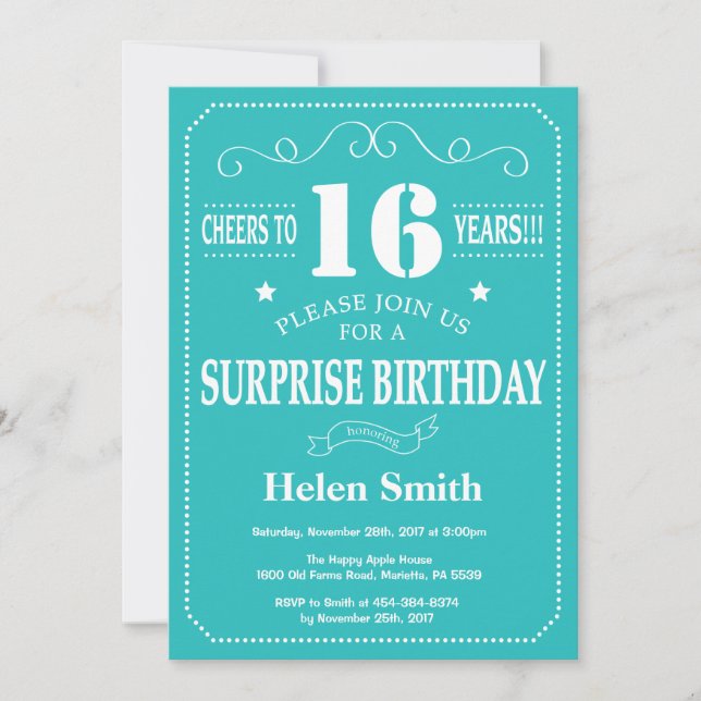 Invitation surprise 16e anniversaire Turquoise et  (Devant)