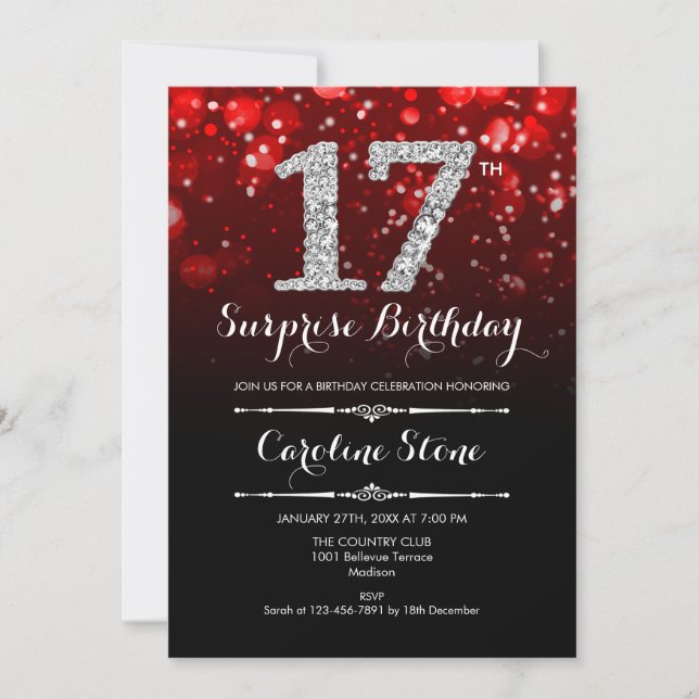 Invitation Surprise 17e anniversaire - Argent rouge noir (Devant)
