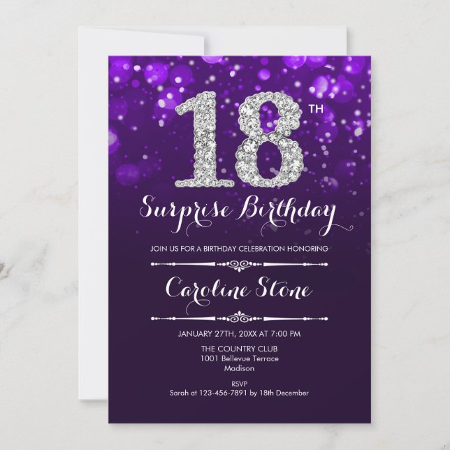 Invitation Surprise 18e anniversaire - Argent violet (Devant)