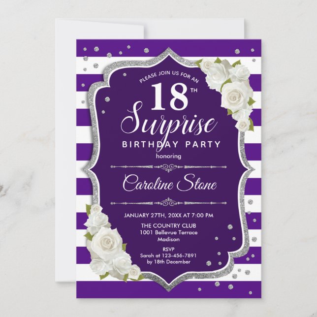Invitation Surprise 18e anniversaire - Argent violet (Devant)