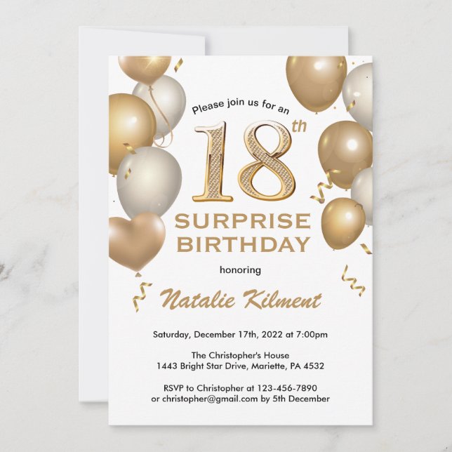 Invitation Surprise 18e anniversaire Ballons blanc et or (Devant)