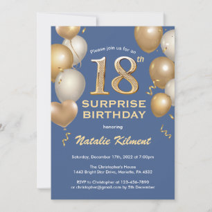 Invitation Surprise 18e anniversaire Ballons bleu et or