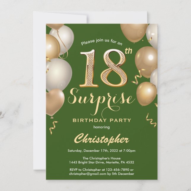 Invitation Surprise 18e anniversaire Ballons vert et or (Devant)