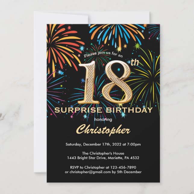 Invitation Surprise 18e anniversaire Black Gold Rainbow Firew (Devant)