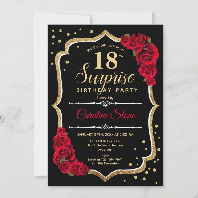 Invitation Surprise 18e anniversaire - Black Gold Red Invitat (Devant)