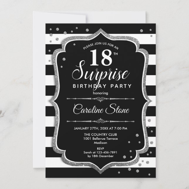Invitation Surprise 18e anniversaire - Black White Silver (Devant)