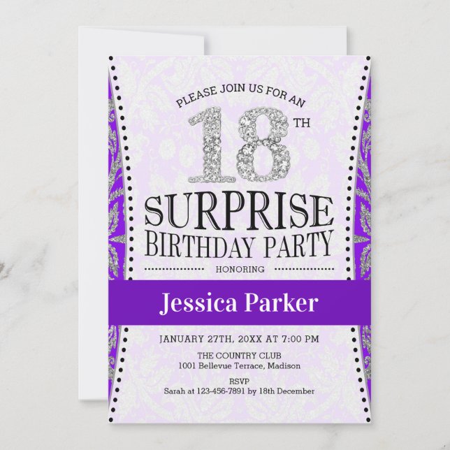 Invitation Surprise 18e anniversaire - Blanc Argent Violet (Devant)