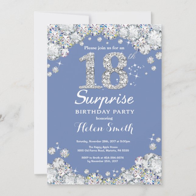 Invitation Surprise 18e anniversaire Blue Silver Diamond (Devant)