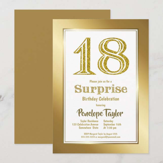 Invitation Surprise 18e anniversaire Gold Party (Devant / Derrière)