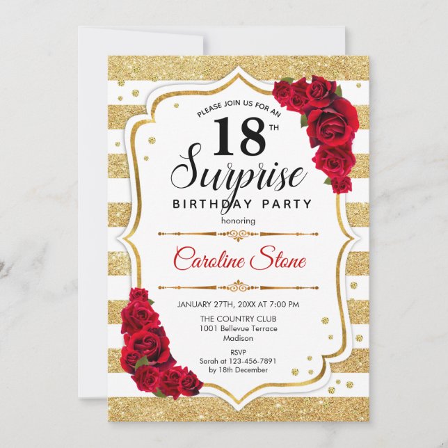 Invitation Surprise 18e anniversaire - Gold White Red (Devant)