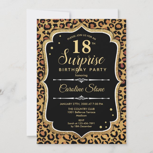 Invitation Surprise 18e anniversaire - Leopard Black Gold (Devant)