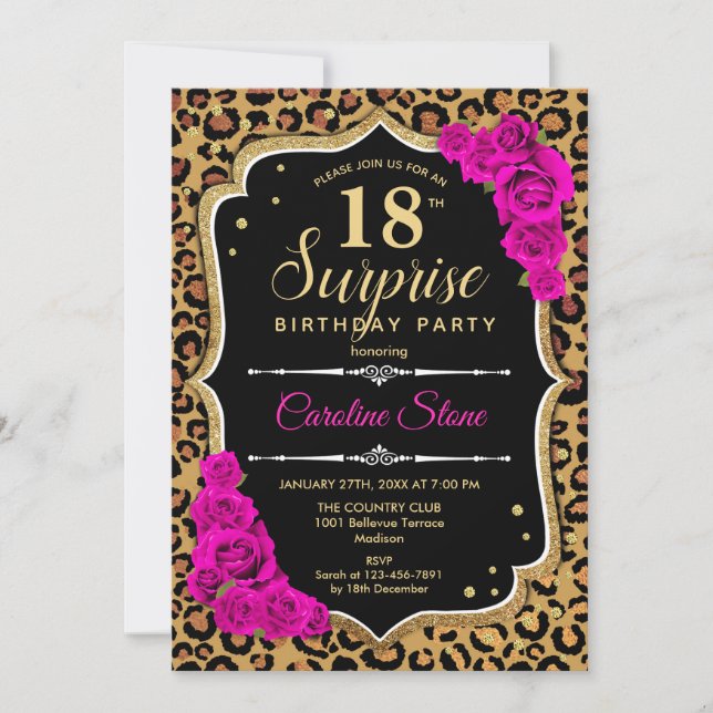 Invitation Surprise 18e anniversaire - Leopard Black Gold Ros (Devant)