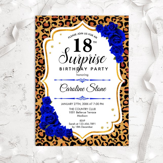 Invitation Surprise 18e anniversaire - Leopard Gold Royal Blu (Créateur téléchargé)