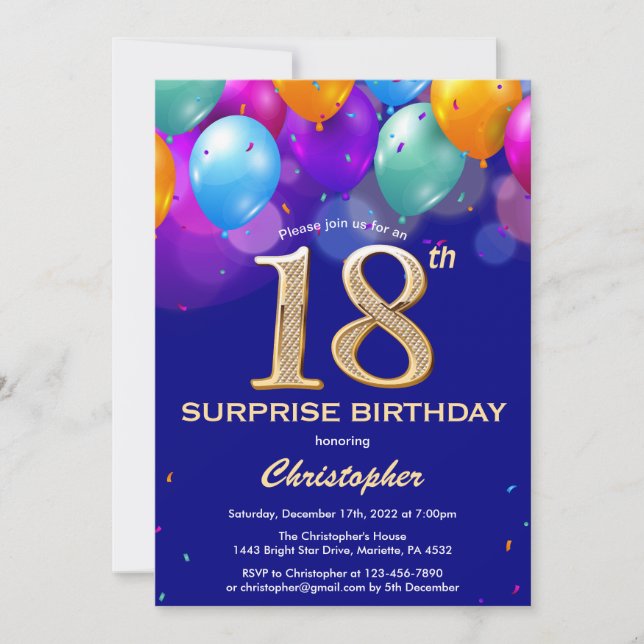 Invitation Surprise 18e anniversaire Marine Bleu et Ballons d (Devant)