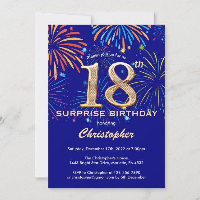 Invitation Surprise 18e anniversaire Marine Blue Gold Firewor (Devant)