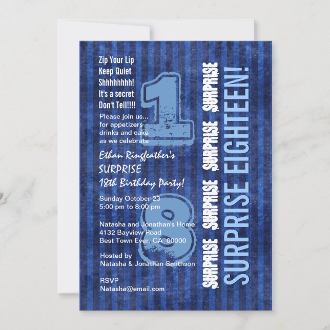 Invitation SURPRISE 18e anniversaire moderne Blue Stripes W55 (Devant)