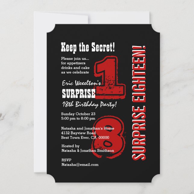 Invitation SURPRISE 18e anniversaire moderne Rouge noir blanc (Devant)