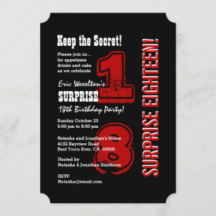 Invitation SURPRISE 18e anniversaire moderne Rouge noir blanc