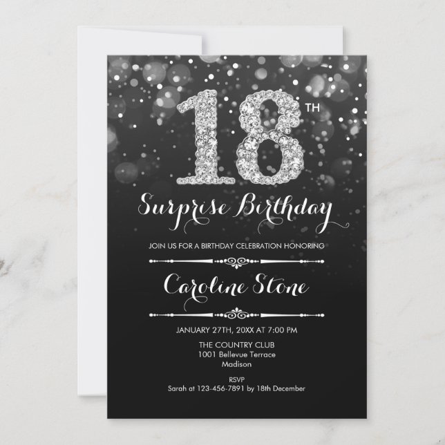 Invitation Surprise 18e anniversaire - Noir Argent (Devant)