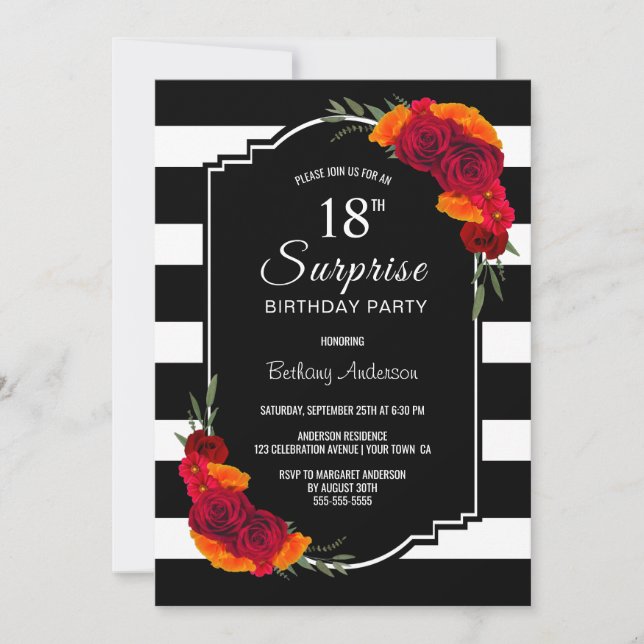 Invitation Surprise 18e anniversaire noir blanc rayé floral (Devant)
