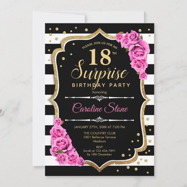 Invitation Surprise 18e anniversaire - Noir blanc rose (Devant)