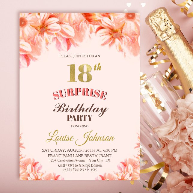 Invitation Surprise 18e anniversaire Pink Gold Floral Party I (Créateur téléchargé)