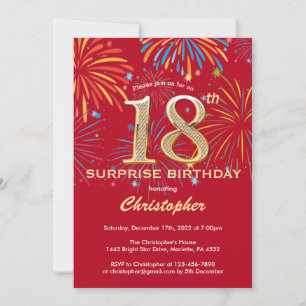 Invitation Surprise 18e anniversaire Red & Gold Rainbow Firew