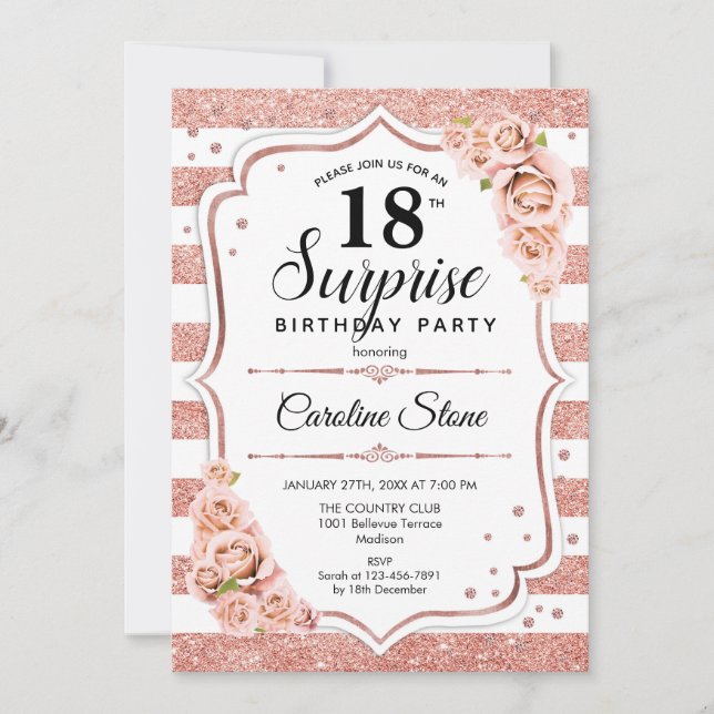 Invitation Surprise 18e anniversaire - Rose Gold White Pink (Devant)