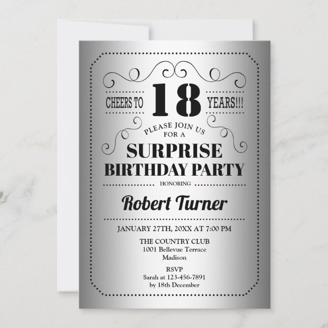 Invitation Surprise 18e anniversaire - Silver Black (Devant)