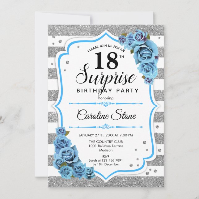 Invitation Surprise 18e anniversaire - Silver White Blue (Devant)