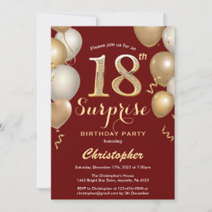 Invitation Surprise 18e anniversaire Sombre Rouge et Or Ballo