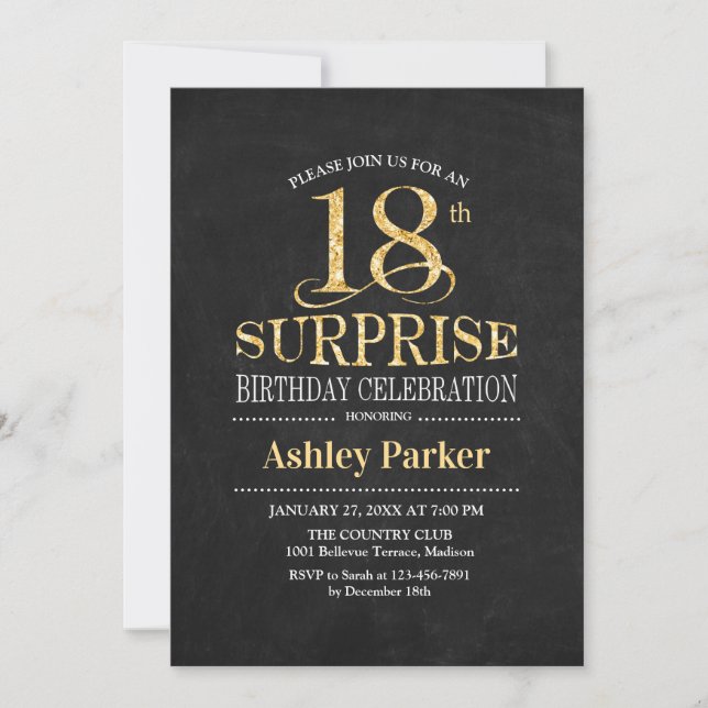Invitation Surprise 18e fête d'anniversaire - Gold Black (Devant)