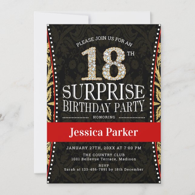 Invitation Surprise 18e fête d'anniversaire - Gold Black Red (Devant)