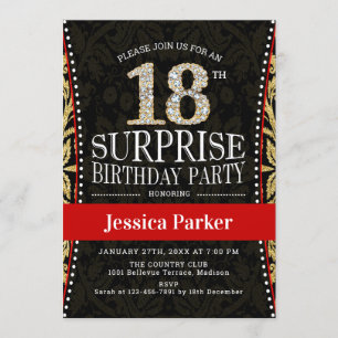 Invitation Surprise 18e fête d'anniversaire - Gold Black Red