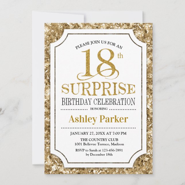 Invitation Surprise 18e fête d'anniversaire - Gold White (Devant)