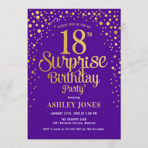Invitation Surprise 18e fête d'anniversaire - Purple & Gold