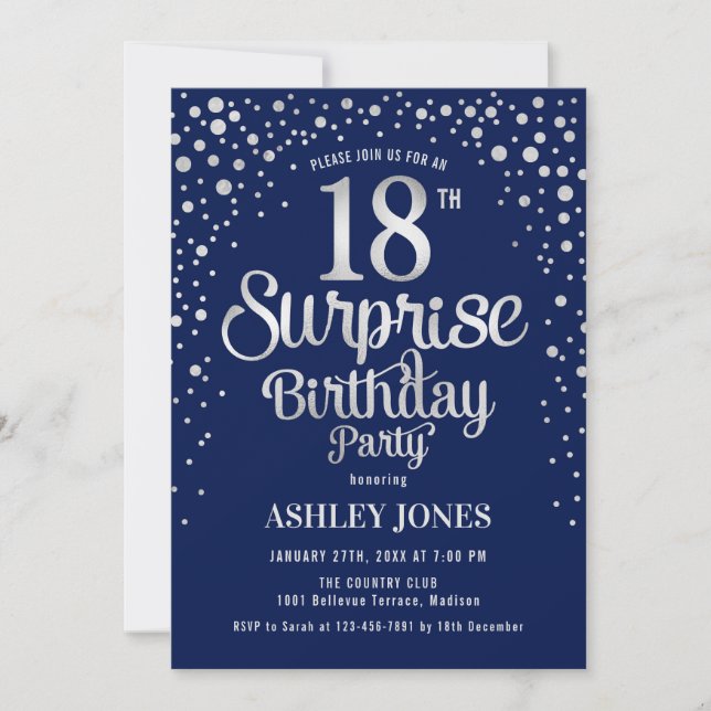 Invitation Surprise 18e fête d'anniversaire - Silver & Navy B (Devant)