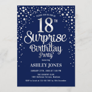 Invitation Surprise 18e fête d'anniversaire - Silver & Navy B