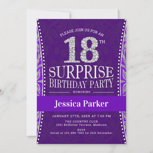 Invitation Surprise 18e fête d'anniversaire - Silver Purple (Devant)